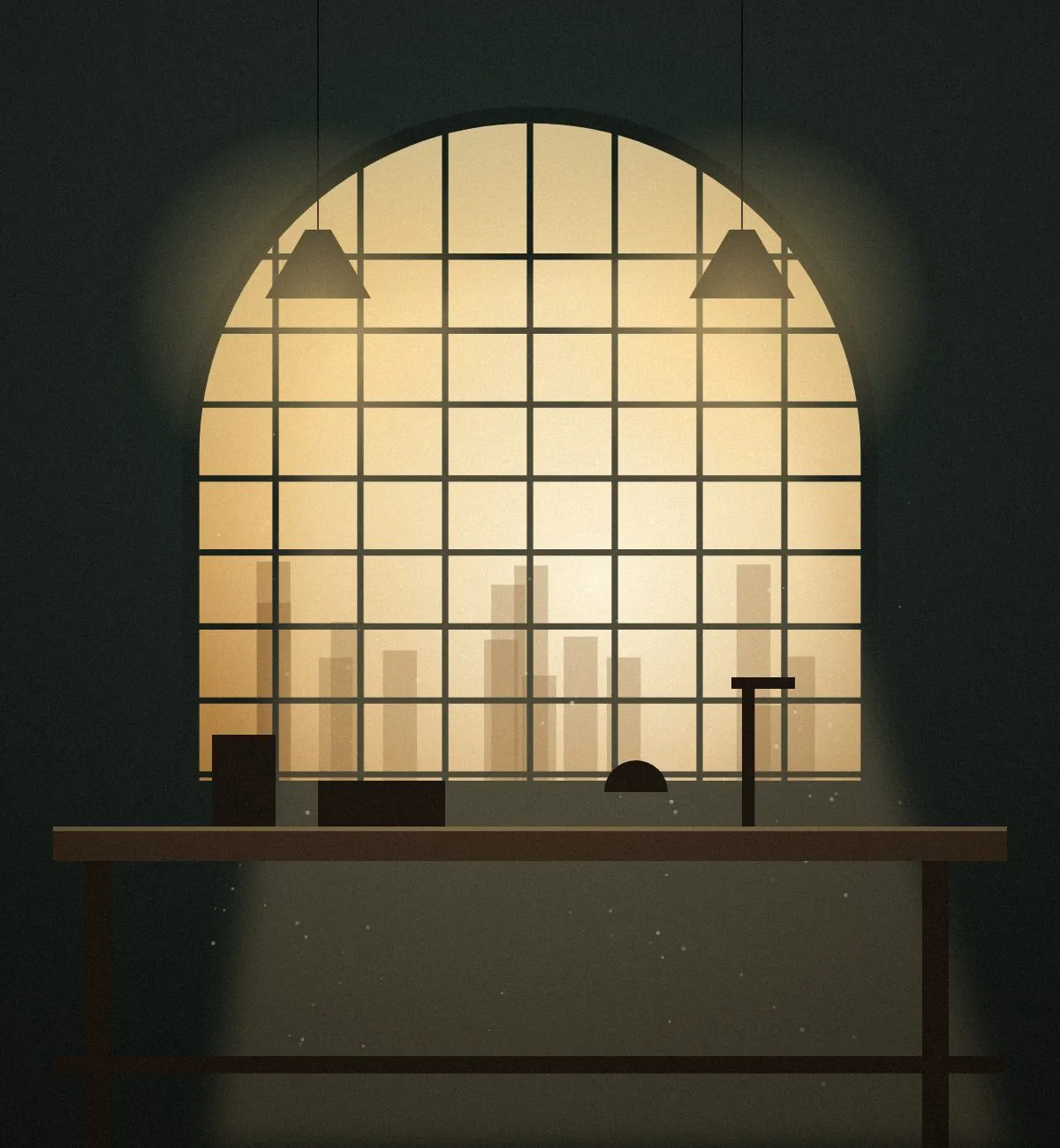 Owner in their workshop or studio, architectural space, golden hour