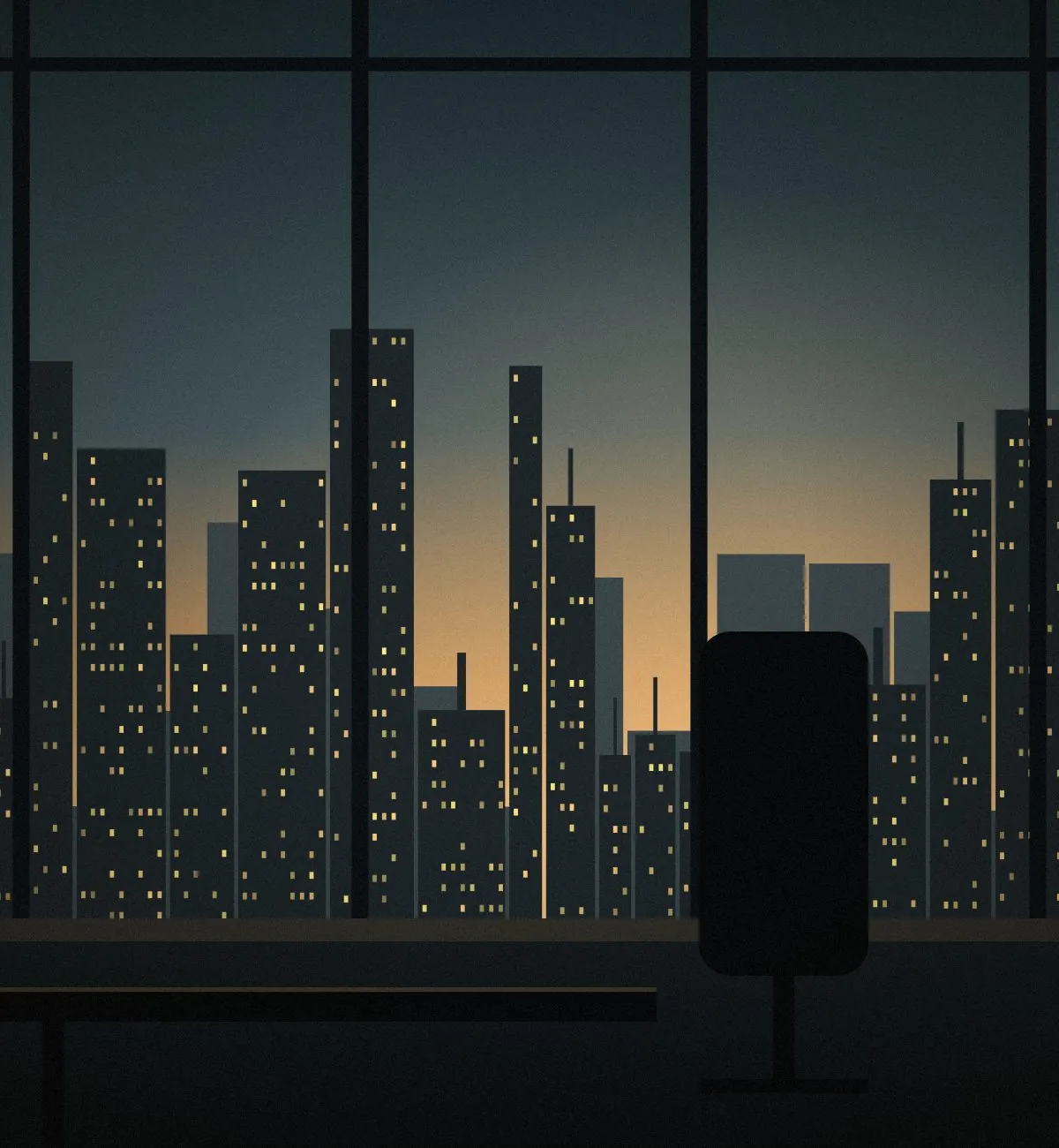 Executive portrait, modern office with a city view at dusk