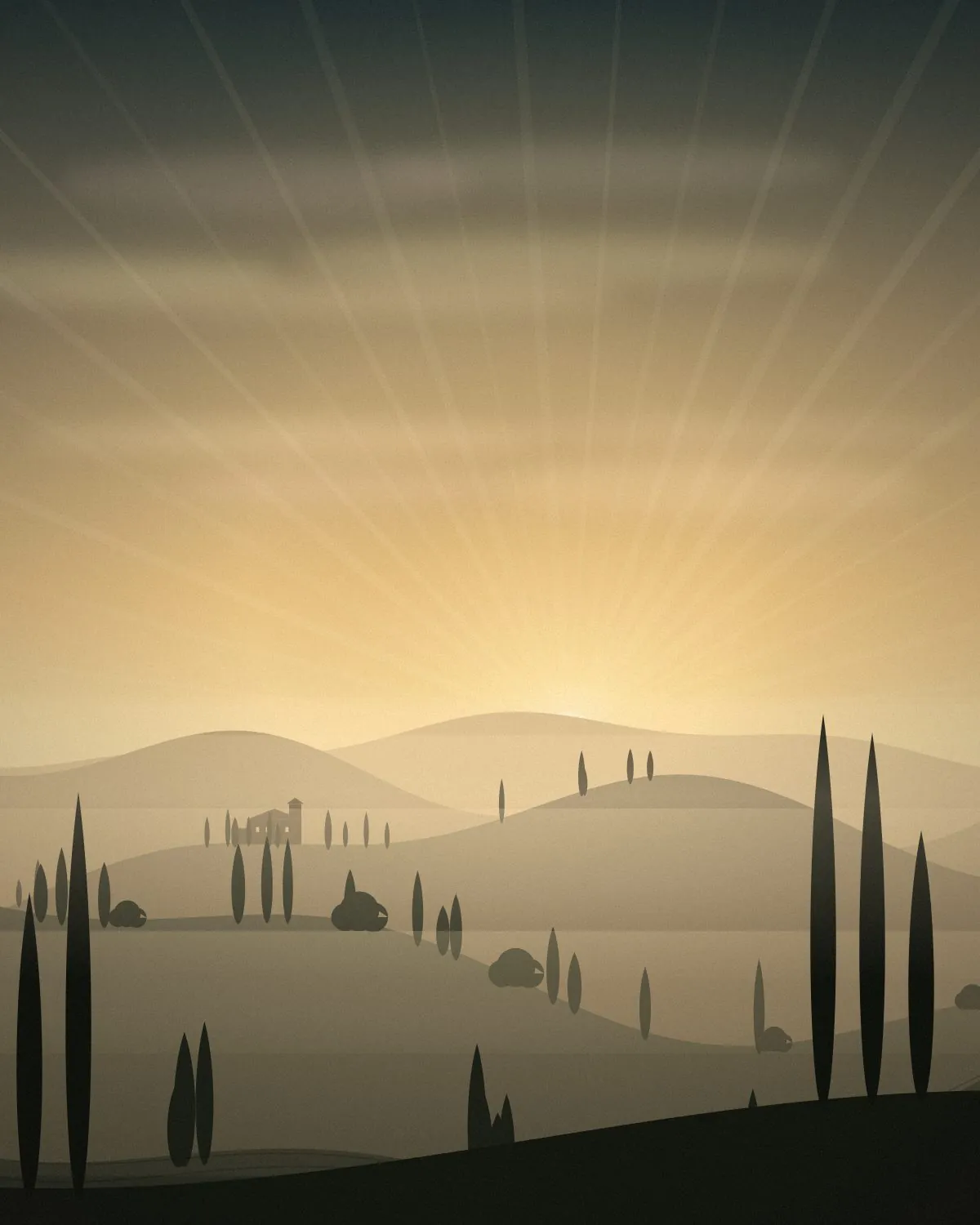 First light over rolling hills and a stone estate