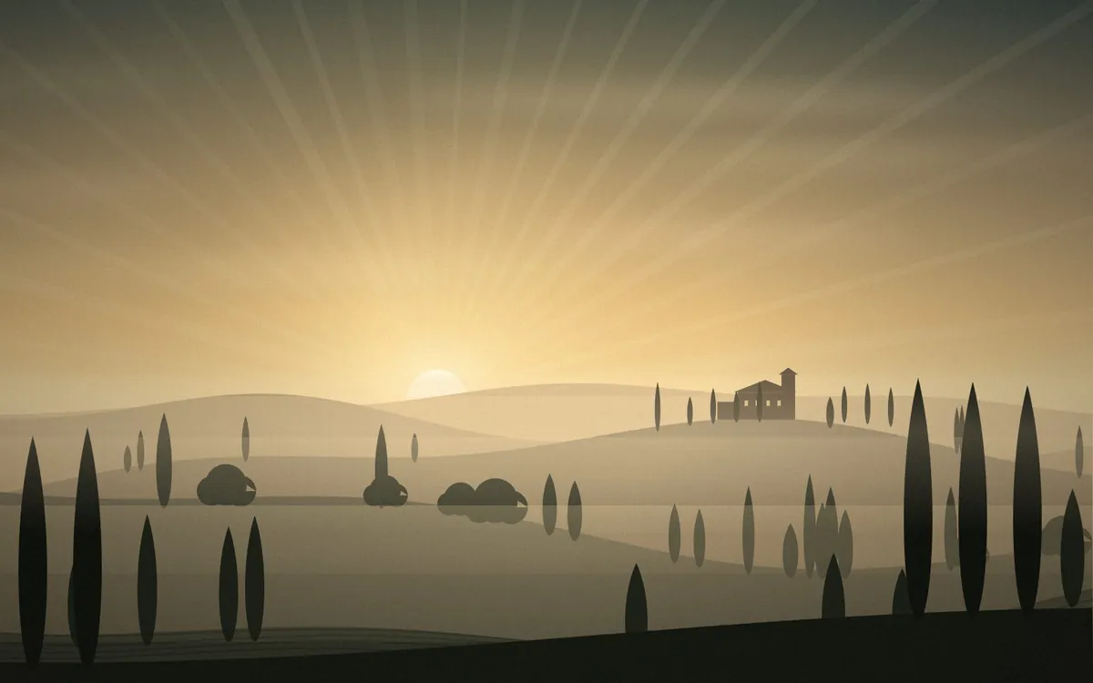Sunrise over rolling hills and an estate
