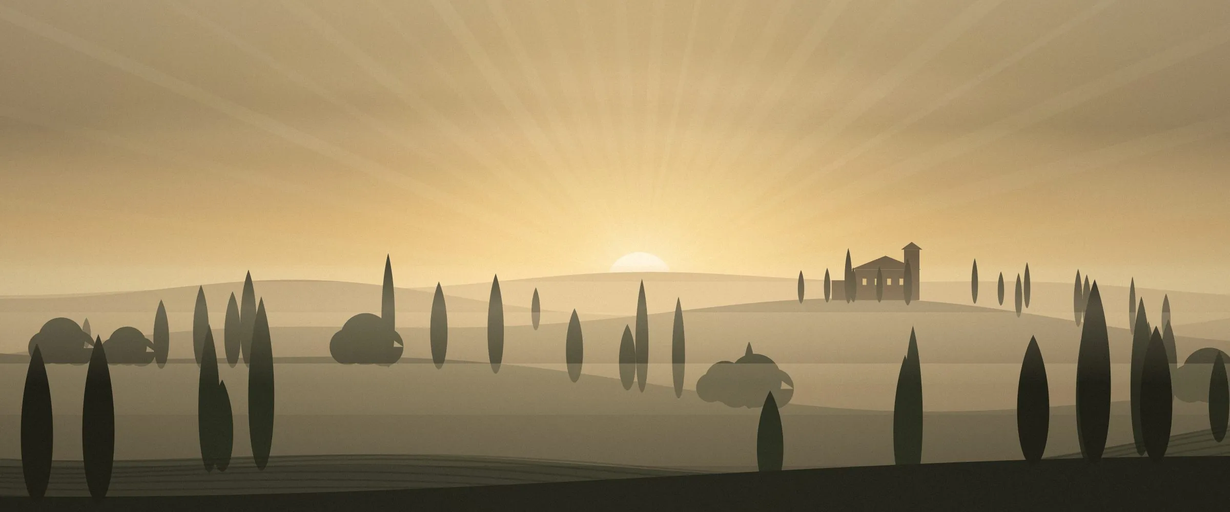 Sunrise over rolling hills, cypress trees and a stone estate